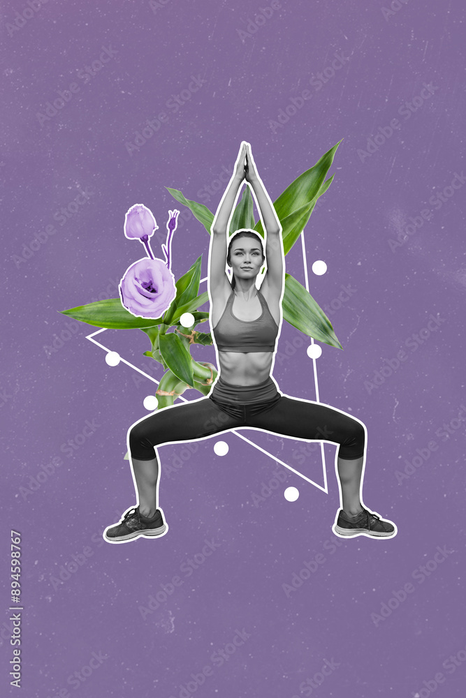 Poster Creative abstract template collage of stretching female doing yoga nature plant flower peace bizarre unusual fantasy billboard