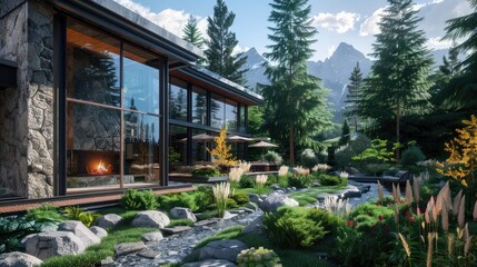 Obraz premium A contemporary mountain lodge with large glass windows, a stone fireplace, and a garden surrounded by tall pines and a bubbling stream.