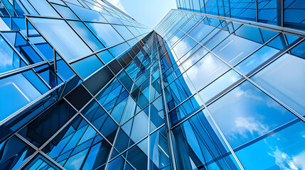 Obraz premium An unconventional angle of a modern building, emphasizing geometric shapes and reflections.