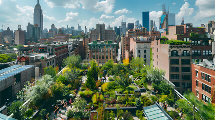 Naklejka premium A panoramic shot of a rooftop garden in a bustling city, showcasing lush greenery, solar panels, and people enjoying the view.