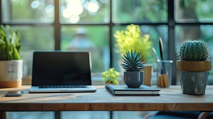 Laptop and notebook on a modern desk