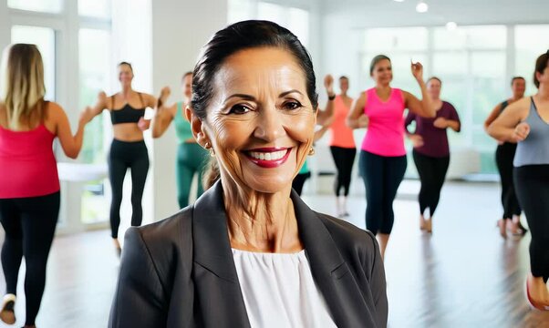 Medium shot portrait video of a pleased woman in her 50s that is wearing a sleek suit against an energetic zumba class with participants dancing background