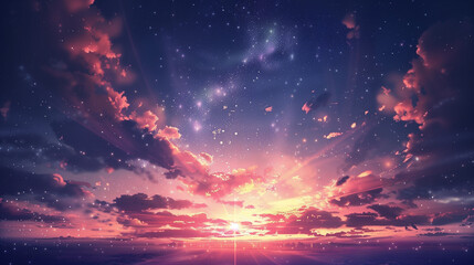 Naklejka premium Fantasy star falls with flares in an anime sky, creating a stunning wallpaper background.