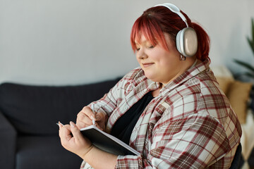 A woman wearing headphones writes in a notebook while sitting on a couch at home.