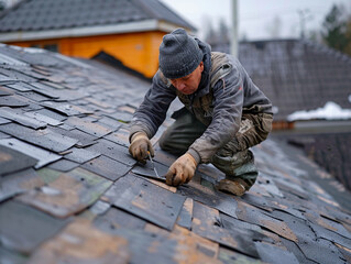 Roofing Contractor Working On Shingle Roof In Winter