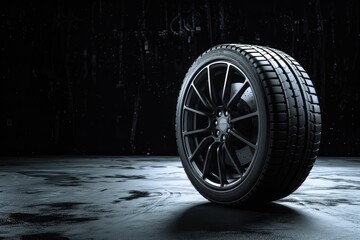 Black car tire on wet dark background with copy space