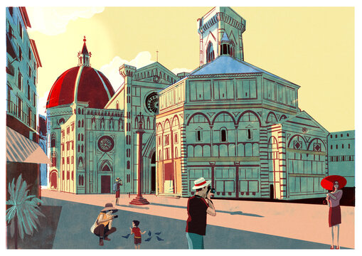 Drawing of the Duomo, Florence with tourists 