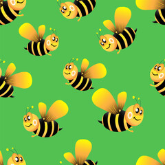 Seamless pattern with bees, on a green background, vector illustration.