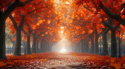 Picturesque autumn forest with bright autumn leaves of red, orange and yellow shades, multicolored leaves, the ground is covered with a carpet of fallen leaves.