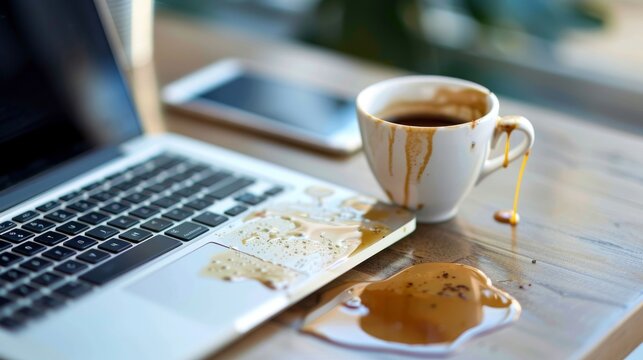 Versch&uuml;tteter Kaffee auf dem Laptop &ndash; Kleines Malheur im Arbeitsalltag