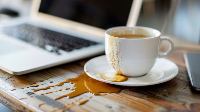 Versch&uuml;tteter Kaffee auf dem Laptop &ndash; Kleines Malheur im Arbeitsalltag