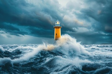 Weathered lighthouse standing against a stormy sea, guidance concept, with copy space