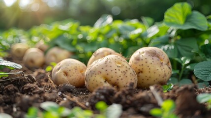 Obraz premium A close-up view of young potato plants with lush green leaves and freshly unearthed potatoes resting in rich, fertile soil.