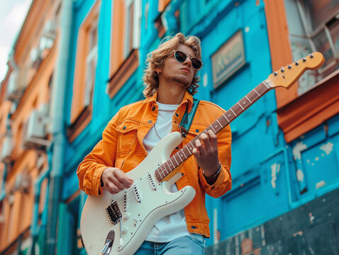 Young Man Playing Electric Guitar on City Street