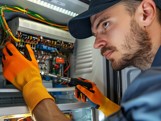Fototapeta premium Electrician Inspecting Electrical Panel In A Home