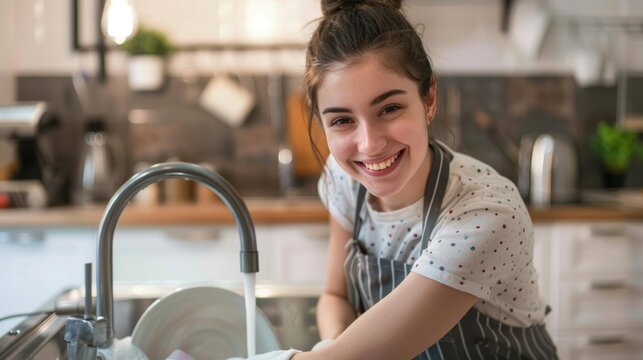 Junge Frau beim Abwasch &ndash; Fr&ouml;hliche K&uuml;chenroutine mit strahlendem L&auml;cheln