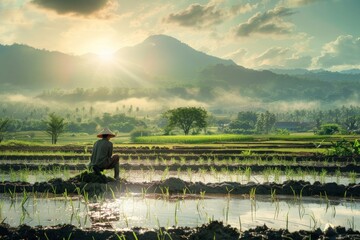 Obraz premium Farmer working in rice paddy field.