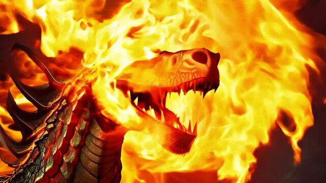 Dragon in fire flames. Yellow Eye with burning fire. Evil Brown Fantasy Dragon. Golden. Mythological creatures. Animal eye. Fantastic monster. Head. Ancient reptile. Dark tones. Fire flames macro