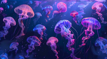 Naklejka premium In the dark sea, glowing jellyfish float in large groups, with light blue and purple colors. The background is black paper, with an overhead perspective of macro, mysterious atmosphere