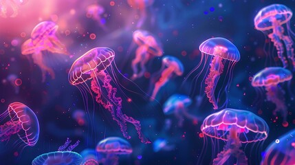 Naklejka premium In the dark sea, glowing jellyfish float in large groups, with light blue and purple colors. The background is black paper, with an overhead perspective of macro, mysterious atmosphere
