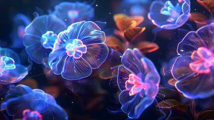 In the dark sea, glowing jellyfish float in large groups, with light blue and purple colors. The background is black paper, with an overhead perspective of macro, mysterious atmosphere