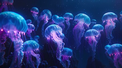 Naklejka premium In the dark sea, glowing jellyfish float in large groups, with light blue and purple colors. The background is black paper, with an overhead perspective of macro, mysterious atmosphere