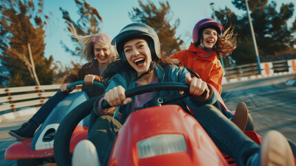 Three friends in colorful jackets race go-karts with excitement, their hair flying in the wind, capturing a moment of joy and thrill.