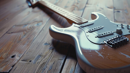 A close-up of an electric guitar resting on a rustic wooden floor, highlighting its craftsmanship and the resonant beauty of well-worn strings.