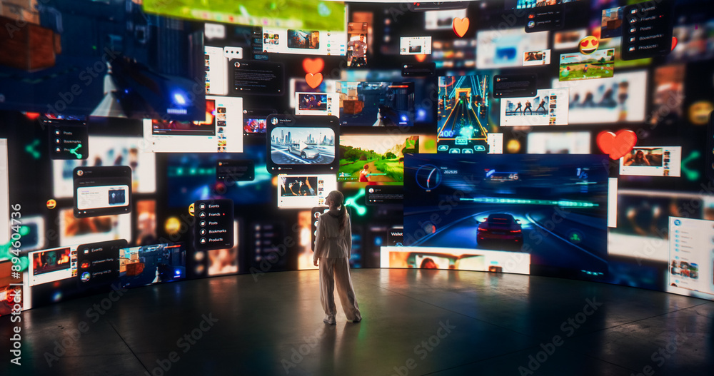 Poster back view of caucasian woman looking at 3d cyberspace with animated social media interfaces, online 