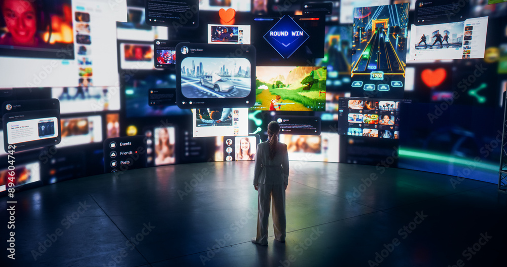 Aufkleber social media internet concept: caucasian woman browsing network of websites, online games, communiti