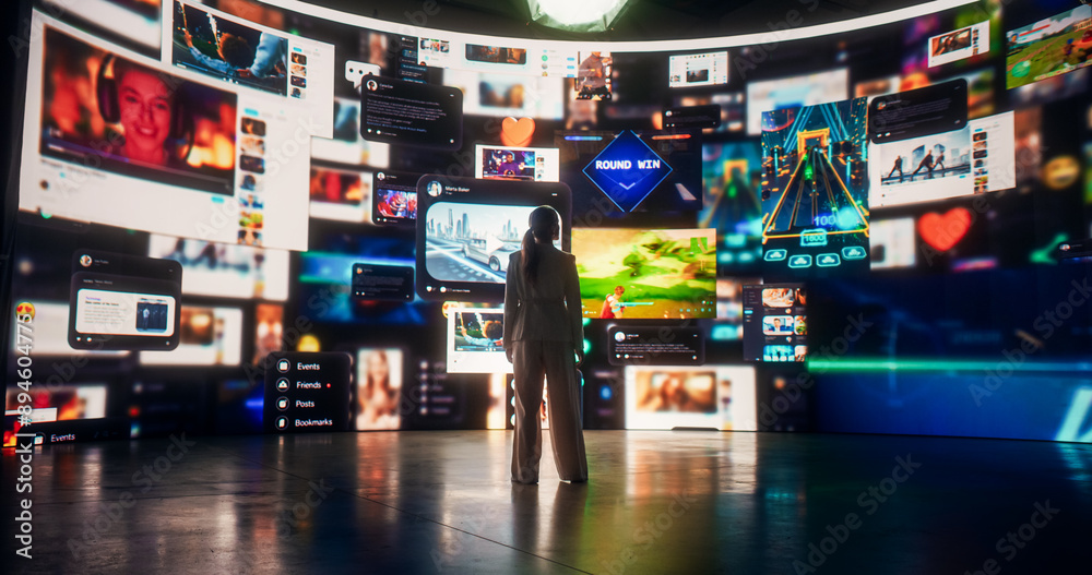 Poster Backview Of Caucasian Woman Looking At Animated Stream of Content. Browsing Multimedia All-In-One Entertainment, Messaging, TV, Videos, Emoji, Sharing, Video Game Playing, Fintech Online Shopping.