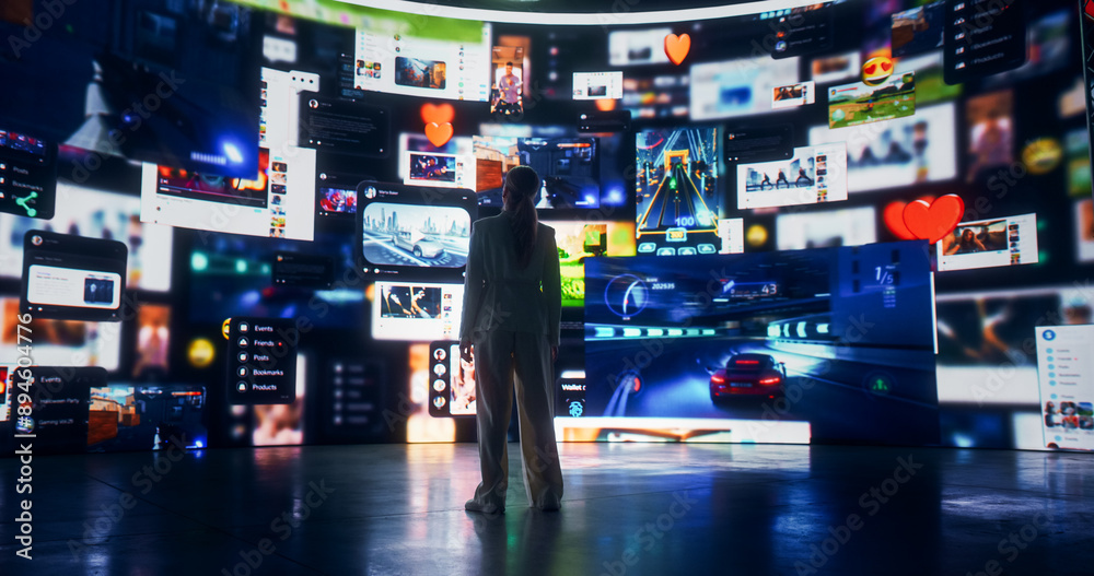 Poster Backview Of Caucasian Woman Looking At Animated Stream of Content. Browsing Multimedia All In One Entertainment, Messaging, TV, Videos, Emoji, Sharing, Video Game Playing, Fintech Online Shopping.