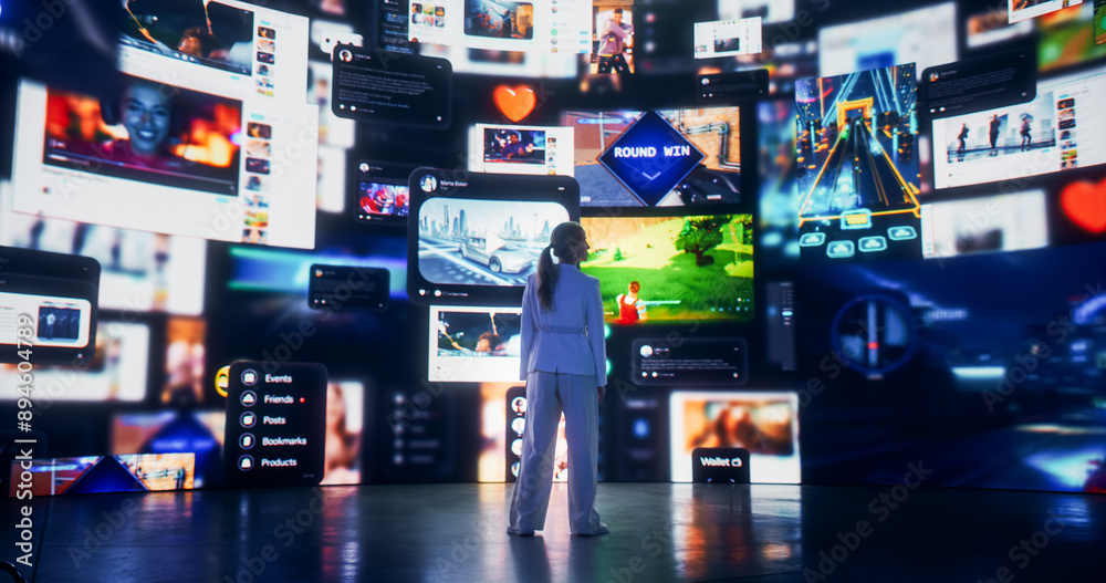 Poster backview of caucasian woman looking at 3d cyberspace with animated social media interfaces, online v