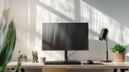 A minimalist workspace with a sleek monitor on a wooden desk, accompanied by simple yet elegant decor and a potted plant.