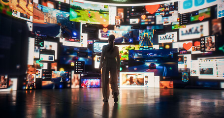 Backview Of Caucasian Woman Looking at Animated Stream Of Online Interfaces With Social Media, Fintech Services, e-Commerce Shopping, Internet Influencers And Video Games. Visualization Of Web Network