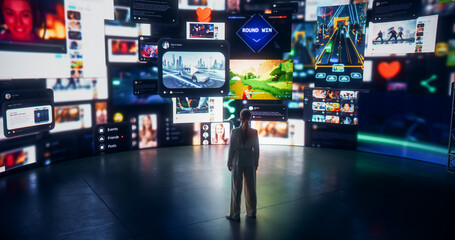 Social Media Internet Concept: Caucasian Woman Browsing Network of Websites, Online Games,...