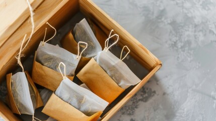 Loose Leaf Tea Bags in Wooden Box on Gray Surface