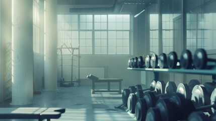 An empty gym with sunlight streaming through large windows, illuminating rows of dumbbells and workout equipment.
