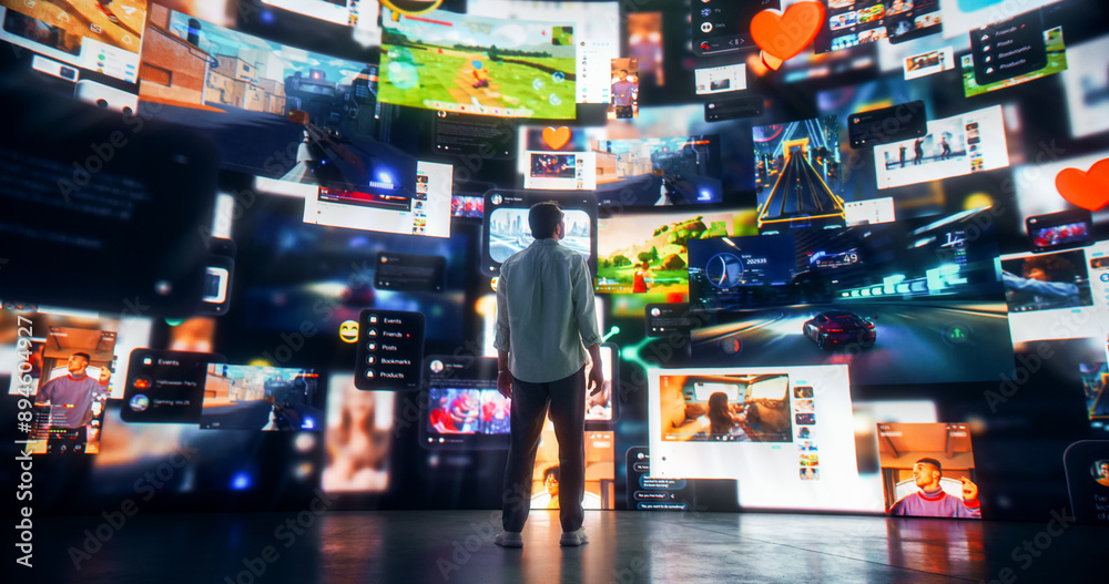 Poster Backview Of Caucasian Man Enjoying Animated Stream Of Online Interfaces With Social Media, Fintech Services, e-Commerce Shopping, Internet Influencers And Video Games. Visualization Of Web Network.