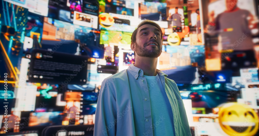 Poster portrait of caucasian man enjoying 3d cyberspace with animated social media interfaces, online video