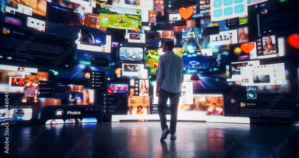 Poster Backview Of Caucasian Man Looking at Animated Stream Of Content. Visualization Of Browsing Metaverse Big Data with Viral Videos, Social Media Profiles with Influencers, and Internet Communities.