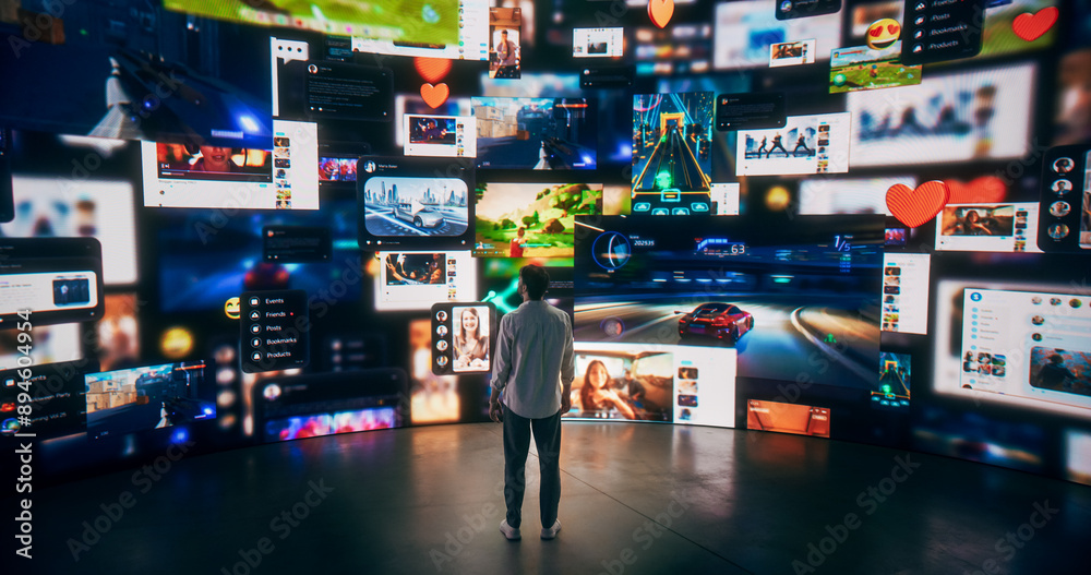 Poster Backview Of Caucasian Man Enjoying Animated Stream Of Online Interfaces With Social Media, Fintech Services, e-Commerce Shopping, Internet Influencers And Games. Visualization Of Web Network.