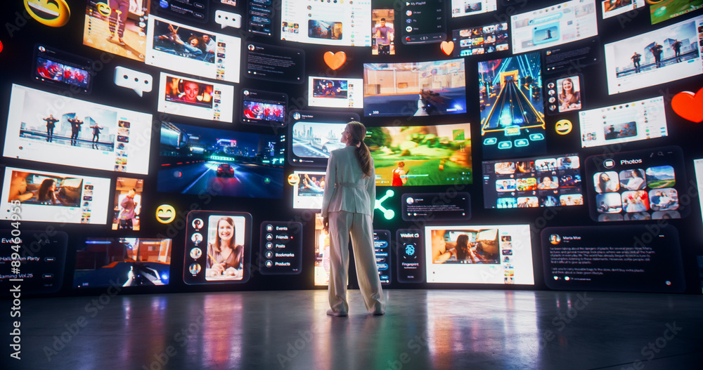 Poster Backview Of Caucasian Woman Connecting To Animated Stream of Content. Browsing Multimedia all-in-one Entertainment, Messaging, TV, Videos, Emoji, Sharing, Video Game Playing, Fintech, Online Shopping.