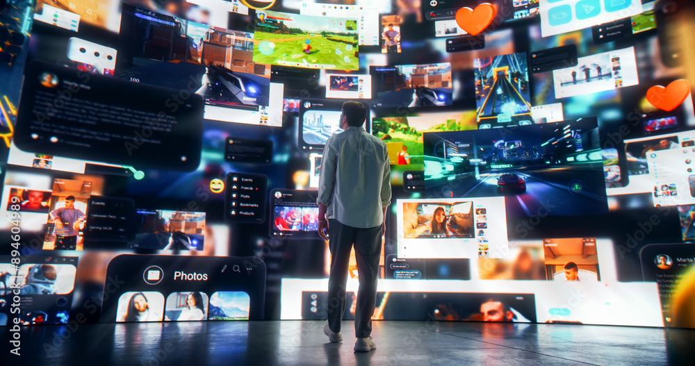 Aufkleber back view of caucasian man enjoying 3d cyberspace with animated social media interfaces, online vide