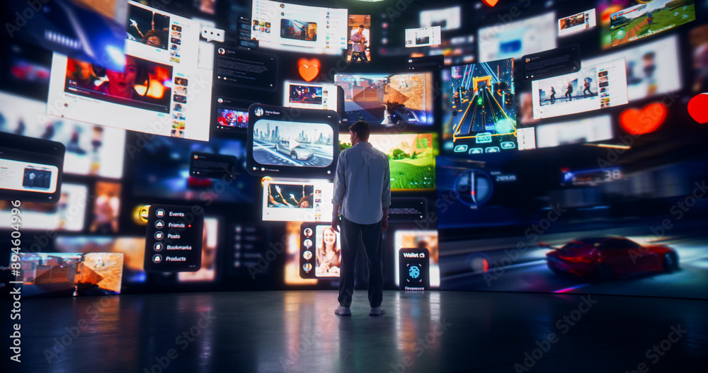 Poster Backview Of Caucasian Man Looking at Animated Stream Of Content. Visualization Of Browsing Metaverse Big Data with Videos, Social Media Profiles with Influencers, and Internet Communities.