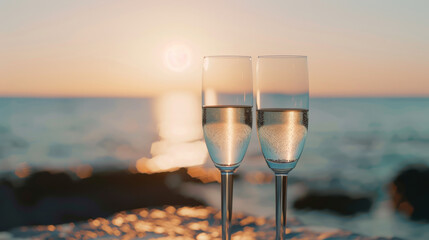 Obraz premium Two champagne flutes stand against a stunning sunset over the ocean, capturing a perfect moment of romance and tranquility.