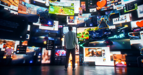 Backview Of Caucasian Man Enjoying Animated Stream Of Online Interfaces With Social Media, Fintech Services, e-Commerce Shopping, Internet Influencers And Video Games. Visualization Of Web Network.