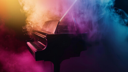 A grand piano ensconced in swirling, rainbow-hued mist, creating a dreamlike, enchanting atmosphere in the room.