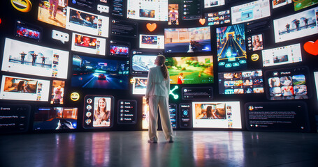 Backview Of Caucasian Woman Connecting To Animated Stream of Content. Browsing Multimedia...