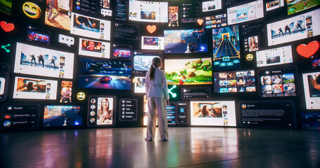 Backview Of Caucasian Woman Connecting to Cyberspace Internet Interface, Browsing Web Content, Watching Videos, Social Media. Animated Stream Of Online Entertainment With Influencers And Gaming.